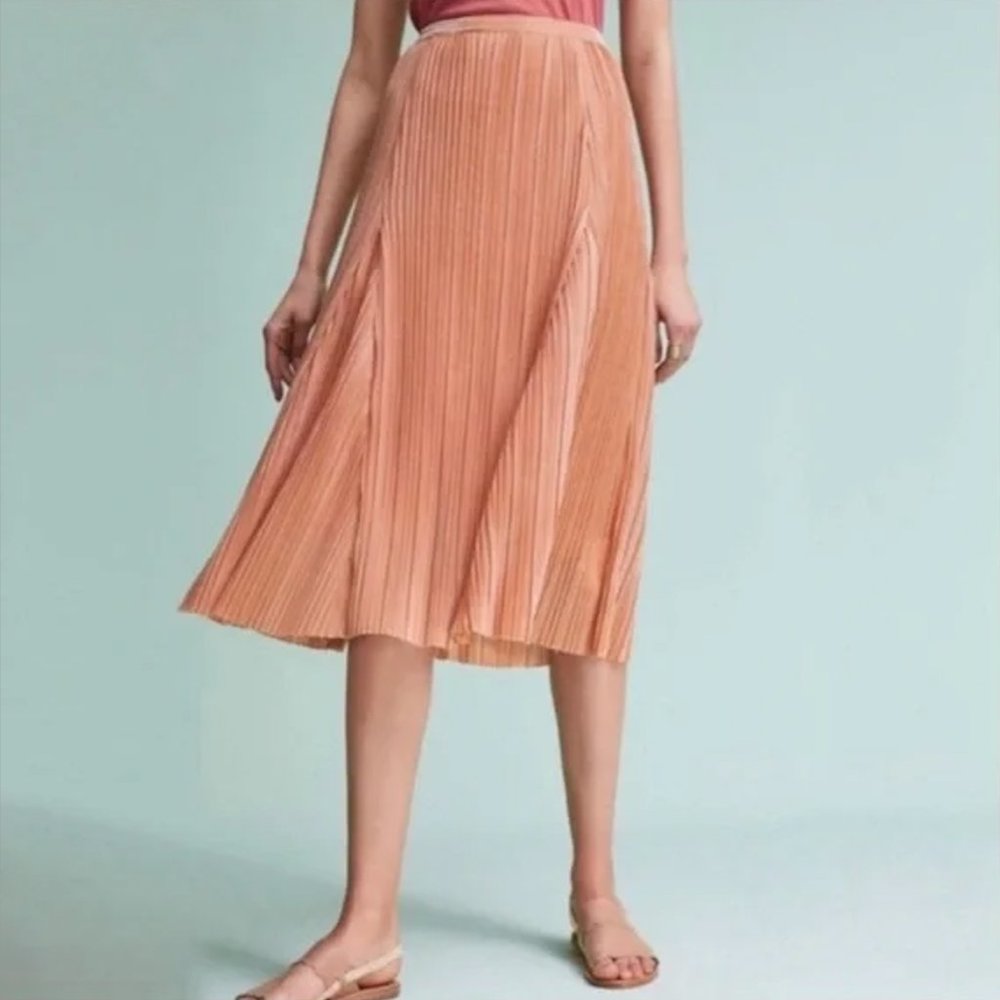 Relaxed Metallic Pleated Midi Skirt Sz S US Maeve Anthropologie Ambra Rose Gold - Picture 2 of 12